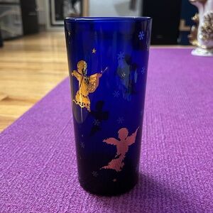 Vintage Culver Cobalt Blue 22k Gold Cherubs, Snowflake & Stars Highball Tumbler